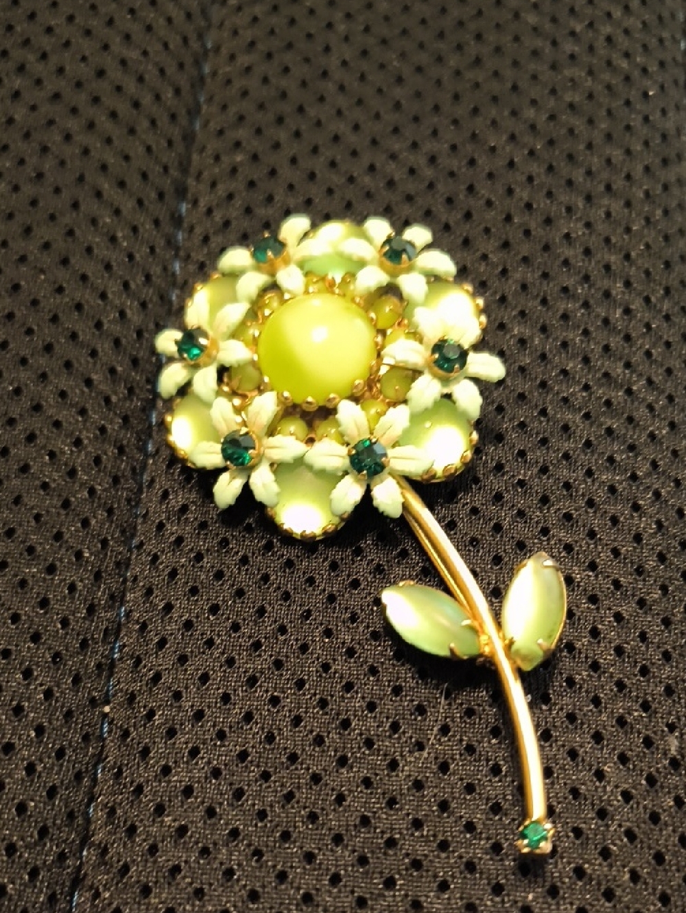 Hand Crafted Lime Green Floral Enamel Brooch with Gold Stem